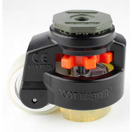 Foot Master Leveling Caster, 75 mm Polyurethane Wheel, M16x2.0P Stem, Swivel, 800 kg Cap, PU Foot Pad, Black GD-100-S-HUP-CUR-FBL